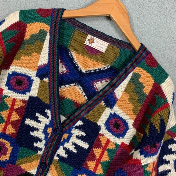 Tipical Peru Sweaters - Peruvian Aztec Alpaca‎ Wool Geometric Colorful Chunky Cardigan Sweater Large VTG